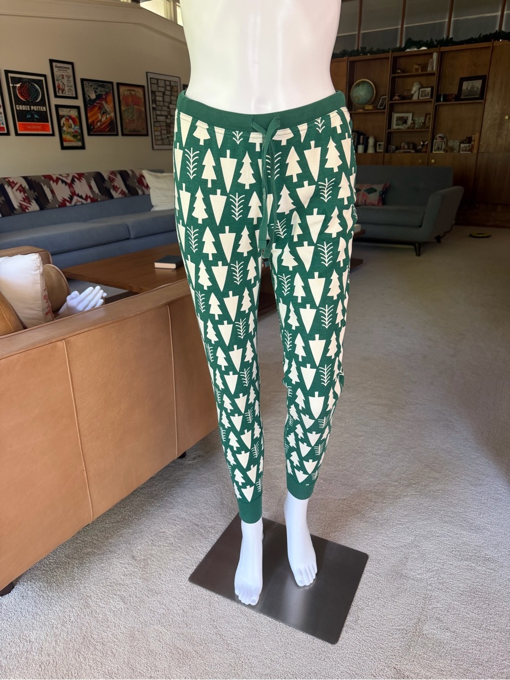 Green & Cream Christmas Tree Print Pajama Lounge Pants S